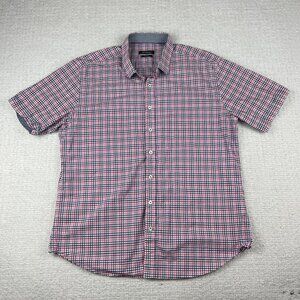 Bugatchi Dress Shirt Short Sleeve Pink / Blue Plaid Shaped Fit Mens XXL